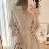 Chic Minimalist Versatile Lapel Single Breasted On Band Waist Lower Slit Shirt Dress Woman-Outfit