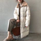 New women's winter down jacket faux rabbit fur collar long drawstring slim zipper ladies chic coat loose oversize outwear