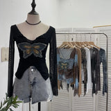 Shooting Pure Sexful V-Neck Umbilly T-Shirt Female Hairy Denim Butterfly Embroidered Mesh Yarn Long Sleeve Top