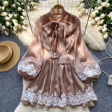Dress Women's Neckline Bow Tie With Lantern Sleeve Lace Splicing Bright Face Chiffon Skirt Skirt