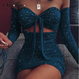 Shiny Hollow Out Sequins Dress 2020 Fashion Lace Women Dress Long Sleeve Wrinkles Off Shoulder Femme