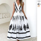 Summer New Positioning Print V-Neck Waist Swing Dress Ladies