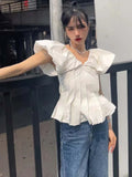 2022 Sexy V-Neck White Women Blouses Summer Puff Sleeve Shirts Chic Korean Office Vintage Elegant Female Lady