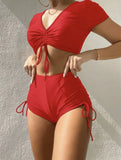 2022 New Split-Skinned Draw-Folding Rope Solid-Color Swimsuit