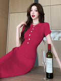 Real Shot Is Pure, Stylish, Sexy, Slim, Thin, Lapel, Short-Sleeved, Knitted, Buttocks, Fishtail Dress, Summer Dress-Outfit