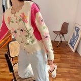 Autumn Winter Cardigan Women'S Sweater Lazy Heavy Industry Stitching Retro Embroidery Flowers Knitted V-Neck Cardigan