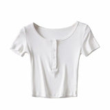 New Solid Color Four-Button Elastic Basic T-Shirt Summer Women's Short Navel-Missing Short-Sleeved Blouse-Outfit