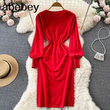 Women Autumn French Knitted Dress O Neck Long Sleeve Sheath Dress Office Lady Fashion Solid Mid Long Sweater