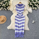 Slimming Striped Tuxedo Sweater Dress With Thin Knitted Dress Temperament