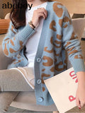 Autumn Winter Knitted Leopard Sweaters Women Korean V Neck Thick Print Cardigan Coat Loose Button Outwear