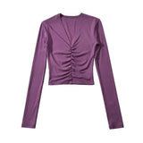 Fashion Women's Fashion Spring New Sexy Spice Girl Slim And Thin T-Shirt With V-Collar Pleated Long Sleeves-Outfit