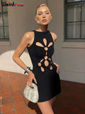 Hollow Flower Dress Sexy Chic Circle Devise Summer Trend Skinny Elastic Stretch Sleeveless Peach Hip Bodycon Clubwear-Outfit