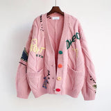 Autumn and Winter Ladies New Korean Cardigan Warm Sweater Coat Loose Pockets Embroidery Fashion Knitwear Women's