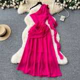 Three-Dimensional Flowers With Slanted Shoulder Dress Women's Folds To Waist Chic Design Irregular Vacation