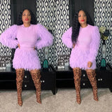 Winter Purple Fur Fringe Tassels Round Neck Sweater and Match Skirt 2 Piece
