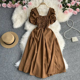 Toloer Vacation Wind French Retro Square Collar Waist Dress Female Summer Design Sense Bubble Short Sleeve Fairy