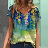 Flower Print T-Shirts Casual 3D Painting Graphic Tops Fashion Short Sleeve Y2K V Neck Female Tees Tshirts Plus Size
