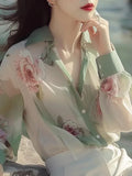 Toloer Green Floral Sunscreen Shirt Women 2025 Summer Extraordinary French Super Fairy Long-Sleeved Shirt Original Design