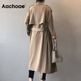 Autumn 2021 Women Solid Color Long Trench Coat Turn Down Collar Long Sleeve Khaki Coat Female Elegant Office Trench