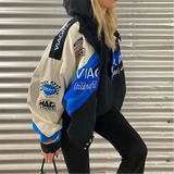 Woman Jacket Blue Printed Casual Loose Jacket New Sports Style Bomber Jacket Women Colorblock Coat Women 2021 Spring and