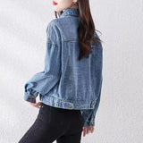Toloer Sense Denim Jacket Female Autumn New Women's Loose Fashion Splicing Simple Korean Version Jeans Jacket-Outfit