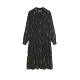 Toloer Wind V Collar Black Long Sleeve Floral Dress Female Summer Feeling Small Loose Bottom Long Skirt-Outfit