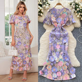 High-End Elegant Heavy Industry Flower Embroidery Round Collar Lantern Sleeves To Close The Waist Slim Slimmed Fishtail Dress