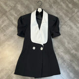 Puff Sleeve Large Collar Back Bow Blazer Mini Dress-Outfit