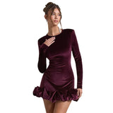 Women's Clothing 2025 Autumn New Fashion Temperament Velvet Collar Three-Dimensional Folded Hem Long-Sleeved Dress
