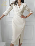 Han Queen Elegant Occupation Pencil Dress Women Autumn Sheath Dresses Simple Slim Mid-Calf Party Casual Bodycon Vestidos 2023-Outfit