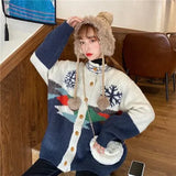 Women Christmas Snowflake Sweater Jackets Korean Loose Lazy Knitted Single Breasted Cardigans Warm Thicken