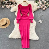 Women Korean Knitted Dress Long Sleeve Slash Neck Elastic Slim Pencil Dresses 2022 Autumn Sexy Bodycon Split Sweater