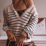 Striped Knitted Pullover 2022 Women Autumn Long Sleeve V-neck Cotton Sweater Female Vintage Elegant Chic Oversize Jumper