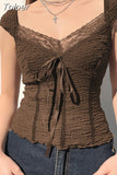 Lace-up Lace Patchwork Y2K Top Short Sleeve Summer 2023 Kawaii Clothes Vintage Tank Tops Coquette T-shirt Women