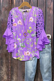 Creative Flower Element 3D Printed Casual Trend V-Necked Lace