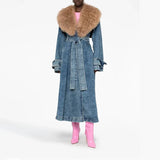 Toloer Spring New Fashion Temperament Can Be Removed Wool Collar Design Sense Waist Show Thin Denim Trench Coat Female Long Coat-Outfit