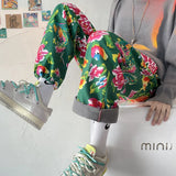 Northeast Big Flower Leisure And Velvet Foot Casual Pants Large Size Chinese Wind Peony National Characteristics And Velvet Big Flower Pants-Outfit