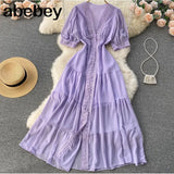 Women Elegant French Dress Sweet Puff Sleeve V Neck Single Breasted A-line Dresses Summer Casual Streetwear Midi Dress