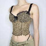 Toloer Hot Girl Leopard Print Mesh Gauze Bow Sling V Collar Lace Stitching Slim Wooden Ear Vest-Outfit