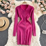 Women Sexy Sweater Dress Turndown-Collar Long Sleeves Elastic Pencil Dress Autumn Button Bodycon Stripe knitted