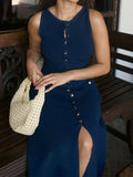 Summer New Round Collar Sleeveless Single Breasted High Waist Slim Party Banquet Long Dress-Outfit