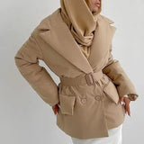 Simple Pockets Parkas Women Fashion Double Breasted Coats Women Solid Tie Belt Notched Cotton Jackets