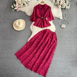 Luxury Retro Temperament Female Short-Sleeved Single Buckle Shirt High-Rise Half-Dress Two Sets Of Lace Fashion