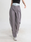 Toloer New Contrast Color Jeans Splicing Casual Pants Half Loose Waist Loose Pleated Show Thin Plaid Harun Pants-Outfit