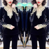 Lace Hollow Out Spliced Blouse Autumn Winter Slim Long Sleeve Basic Women's Clothing Casual Stand Collar Vintage Shirt-Outfit