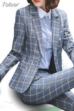 Classic Plaid Single Button Women Jacket Blazer Casual Notched Collar Slim Female Suits Coat Fashion Blazer
