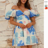 Summer New Temperament Print Hollow V Collar Bubble Sleeve Skirt Dress Dress