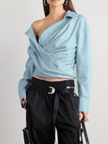 Toloer 2024 New Niche Design Irregular Cross Off-Shoulder Design Sense Long-Sleeved Shirt Women's Simple Top-Outfit