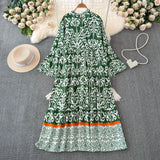 Light Extravagant Temperament Horn Long Sleeved V Collar Loose Thin Single Breasted Printed Dress Elegant Long Skirt-Outfit