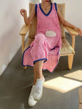 Fashion Pink Knit Hollow Out Dress Summer New Women Sexy Sleeveless V-Neck Long Knitting
